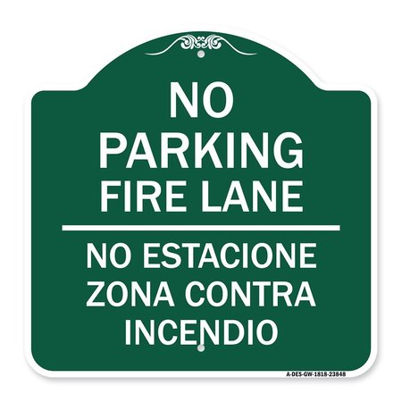 SIGNMISSION No Estacione Zona Contra Incendio, Green & White Aluminum Architectural Sign, 18" H, GW-1818-23848 A-DES-GW-1818-23848